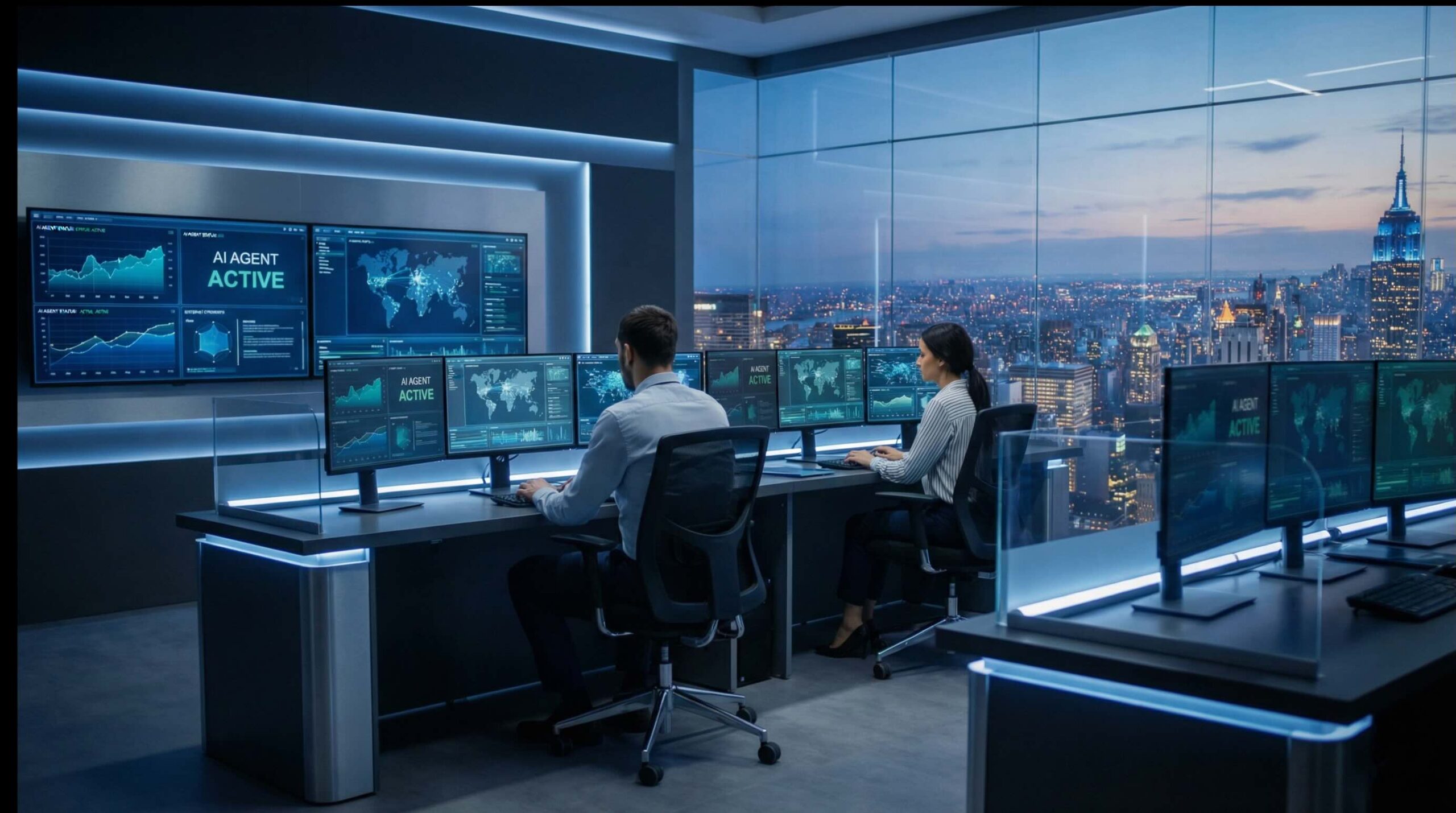 AI operations control room with analysts monitoring real-time dashboards and autonomous agent performance across multiple screens