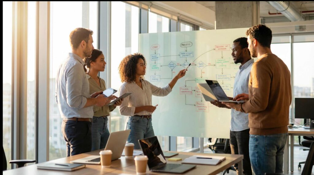 Team collaborating on workflow design using process diagram on glass board with laptops and digital tools in a modern office
