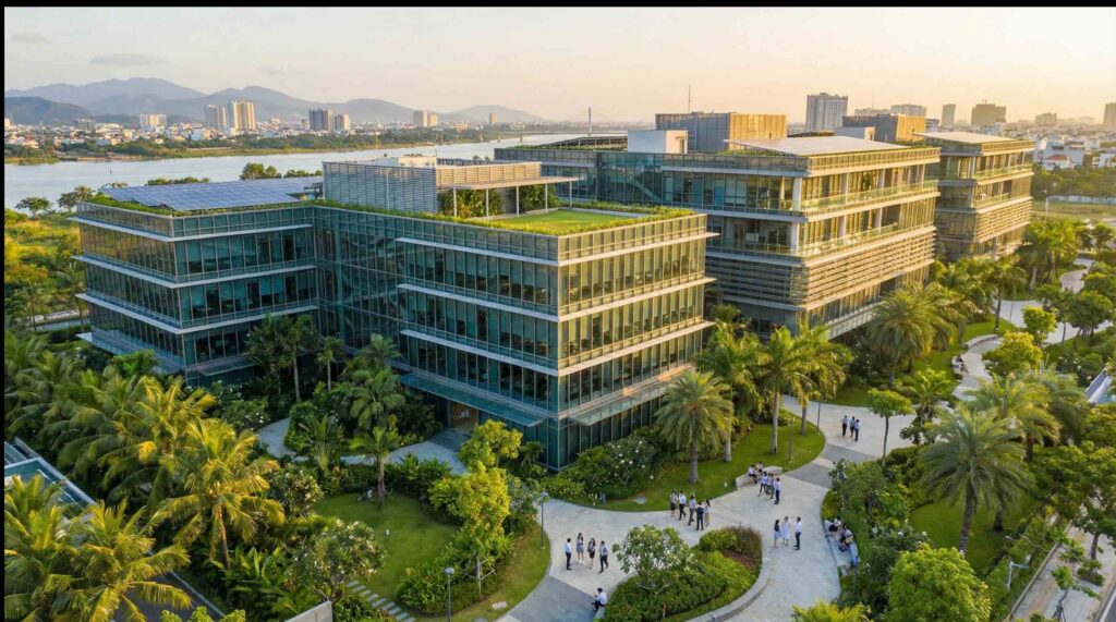 Modern global delivery center campus with office buildings and green landscape in Vietnam