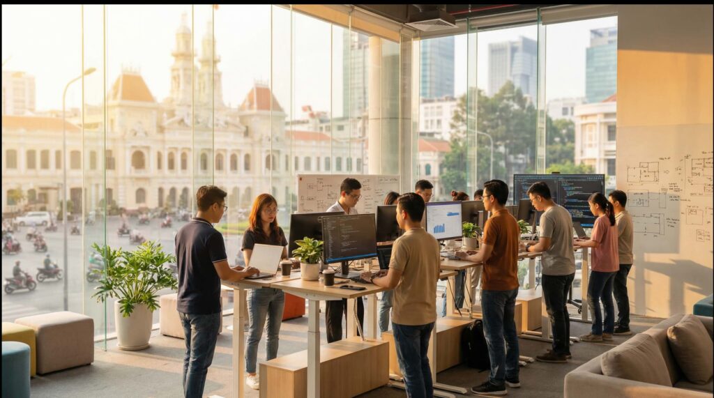 Software engineering team working in Vietnam global delivery center office with modern workspace and city view