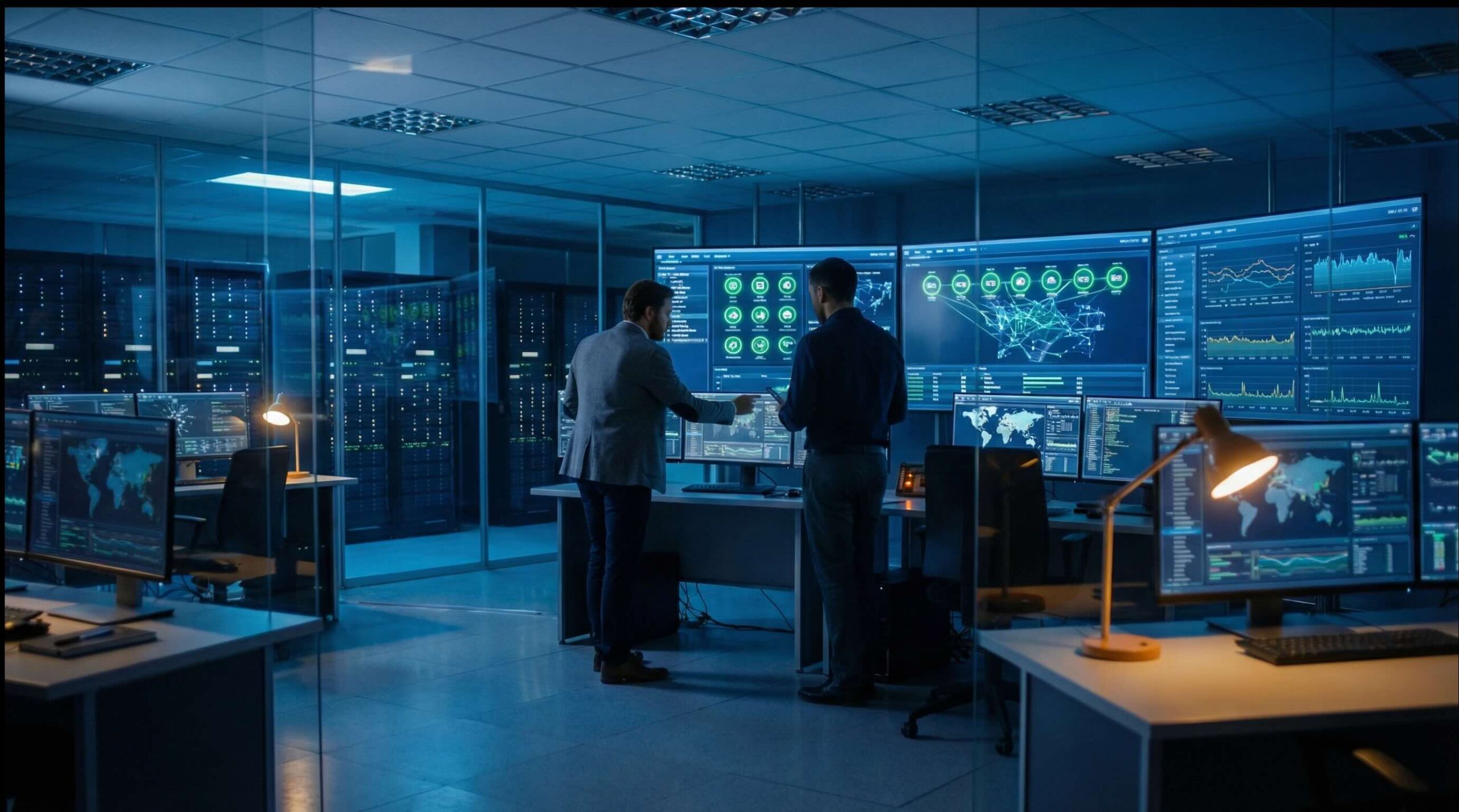 Managed services operations center with engineers monitoring real-time system performance and security dashboards