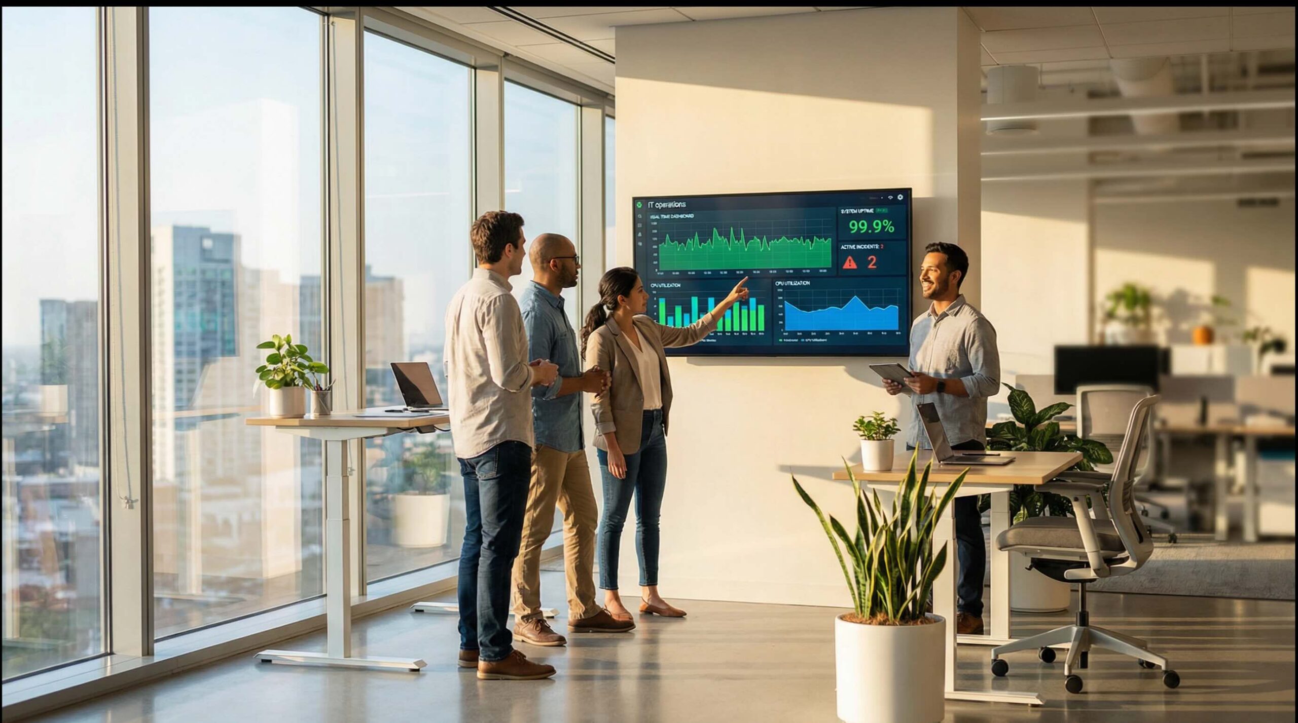 Team monitoring system performance and analytics dashboard in managed services operations center