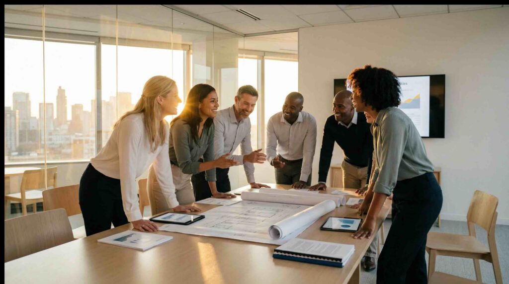 Business team collaborating around table reviewing plans and documents in modern office