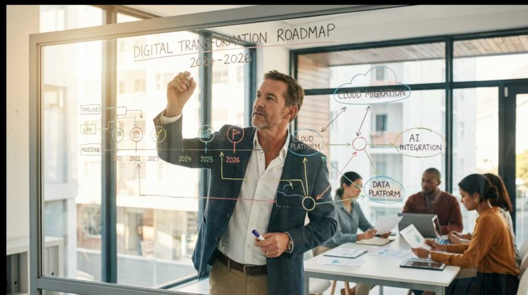 Business leader presenting digital transformation roadmap on glass board with timeline, cloud migration, and AI integration concepts