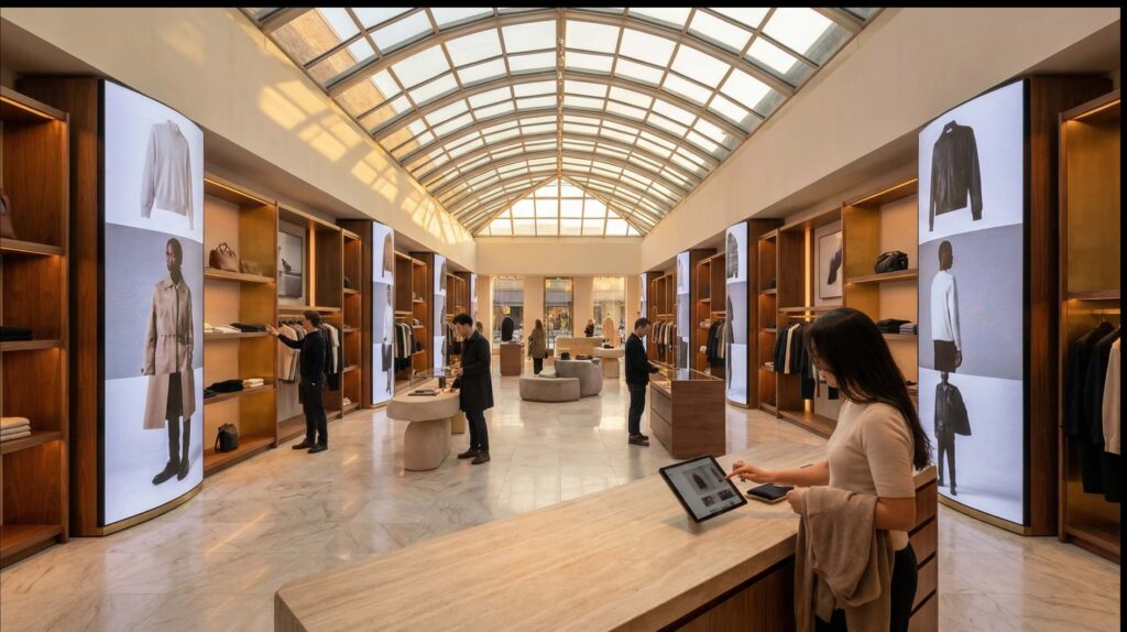 Unified commerce retail store with digital displays and in-store tablet showcasing omnichannel customer experience