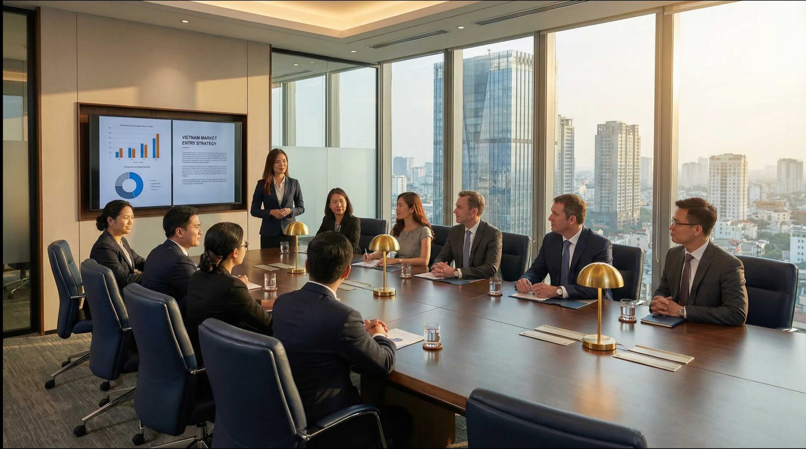 Senior leadership meeting on Vietnam market expansion strategy in corporate boardroom
