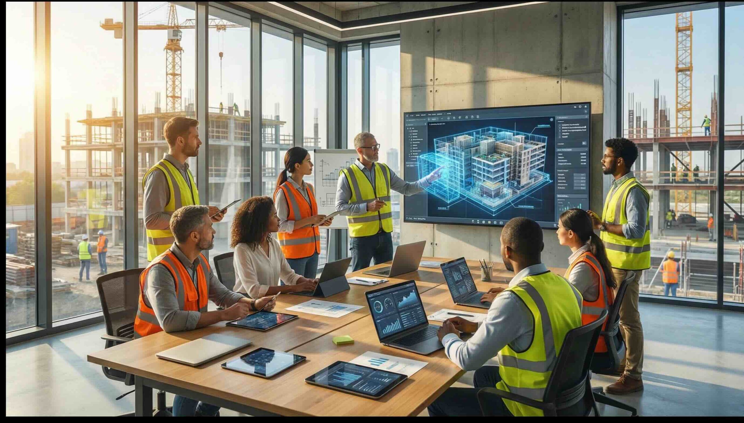 SMB team collaborating on AI strategy using digital dashboards and data analytics in a modern workspace