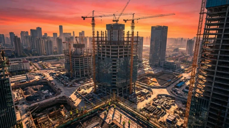 AI in construction managing large-scale urban building project with cranes, site analytics, and digital project monitoring