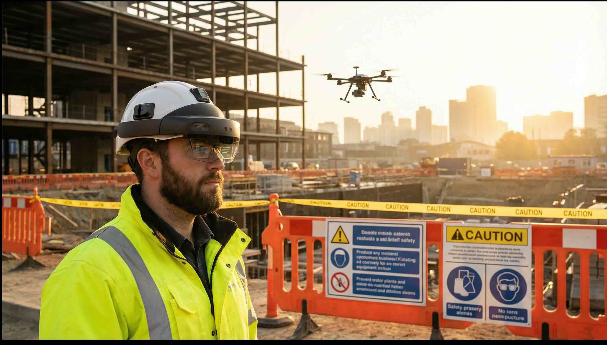 AI in construction safety using drone inspection and smart helmet monitoring on active building site