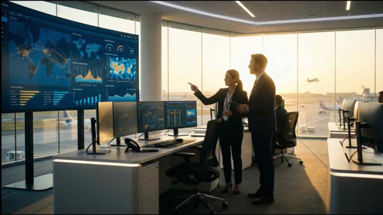 AI data ecosystem in aviation with real-time analytics dashboards, flight operations monitoring, and data orchestration systems