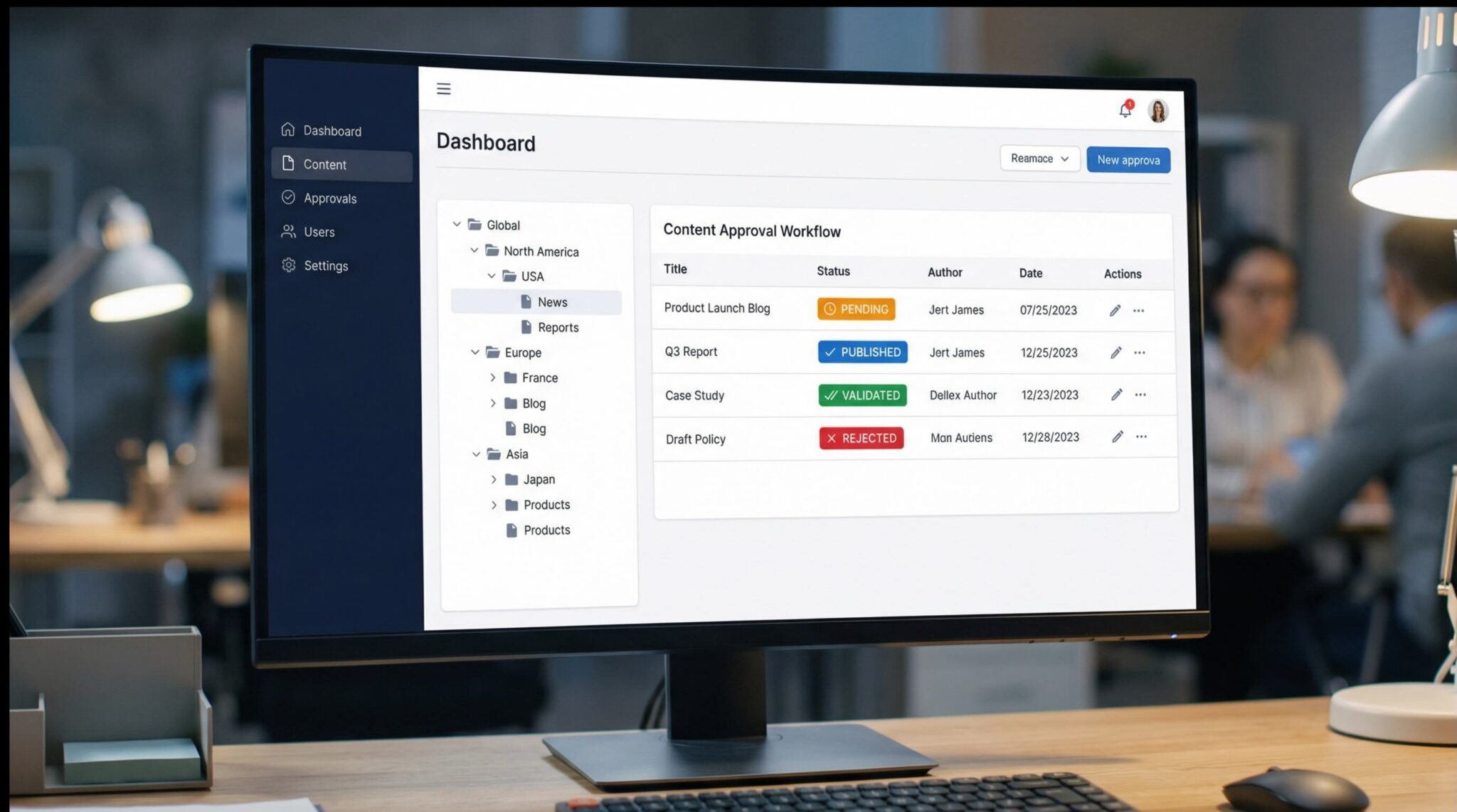 enterprise content management dashboard with workflow approval system for global digital operations and governance