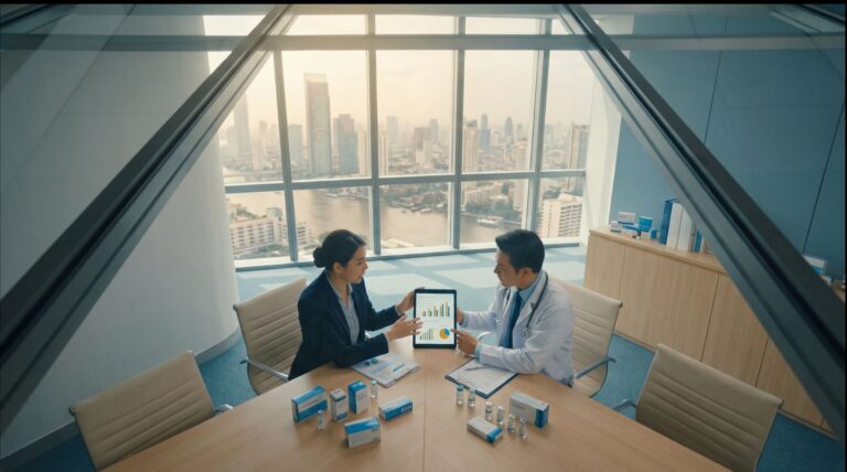healthcare analytics discussion between doctor and business professional reviewing pharma sales data and performance dashboard