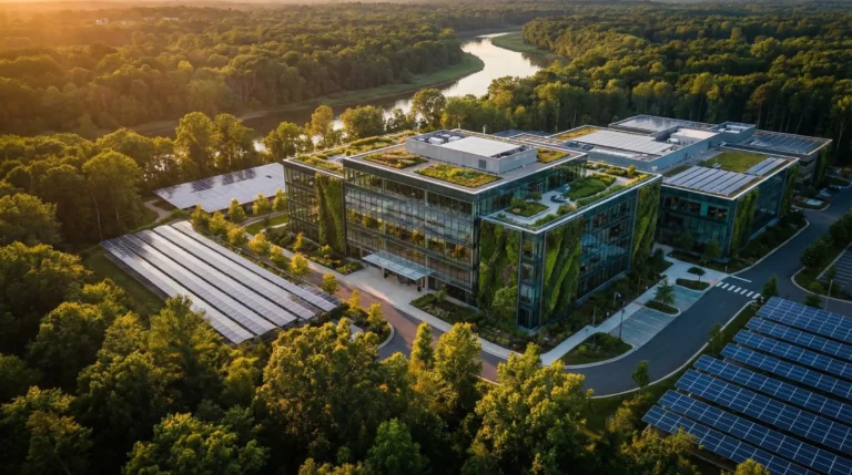 sustainable corporate campus with solar panels and green buildings supporting ESG and carbon reduction strategy