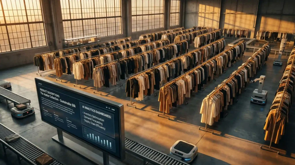 Fashion manufacturing warehouse with automated inventory system and AI analytics dashboard for supply chain optimization