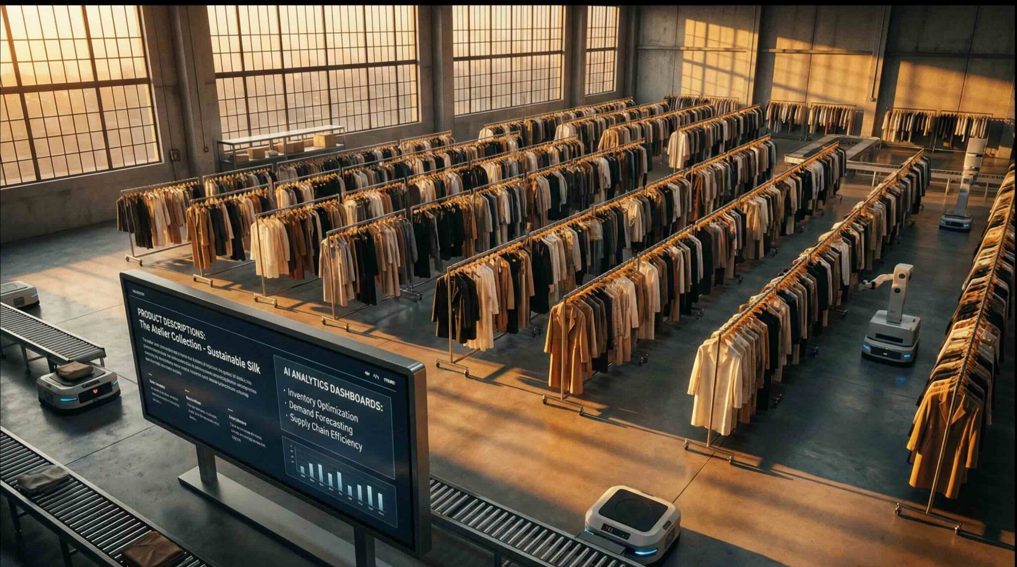 Fashion manufacturing warehouse with automated inventory system and AI analytics dashboard for supply chain optimization
