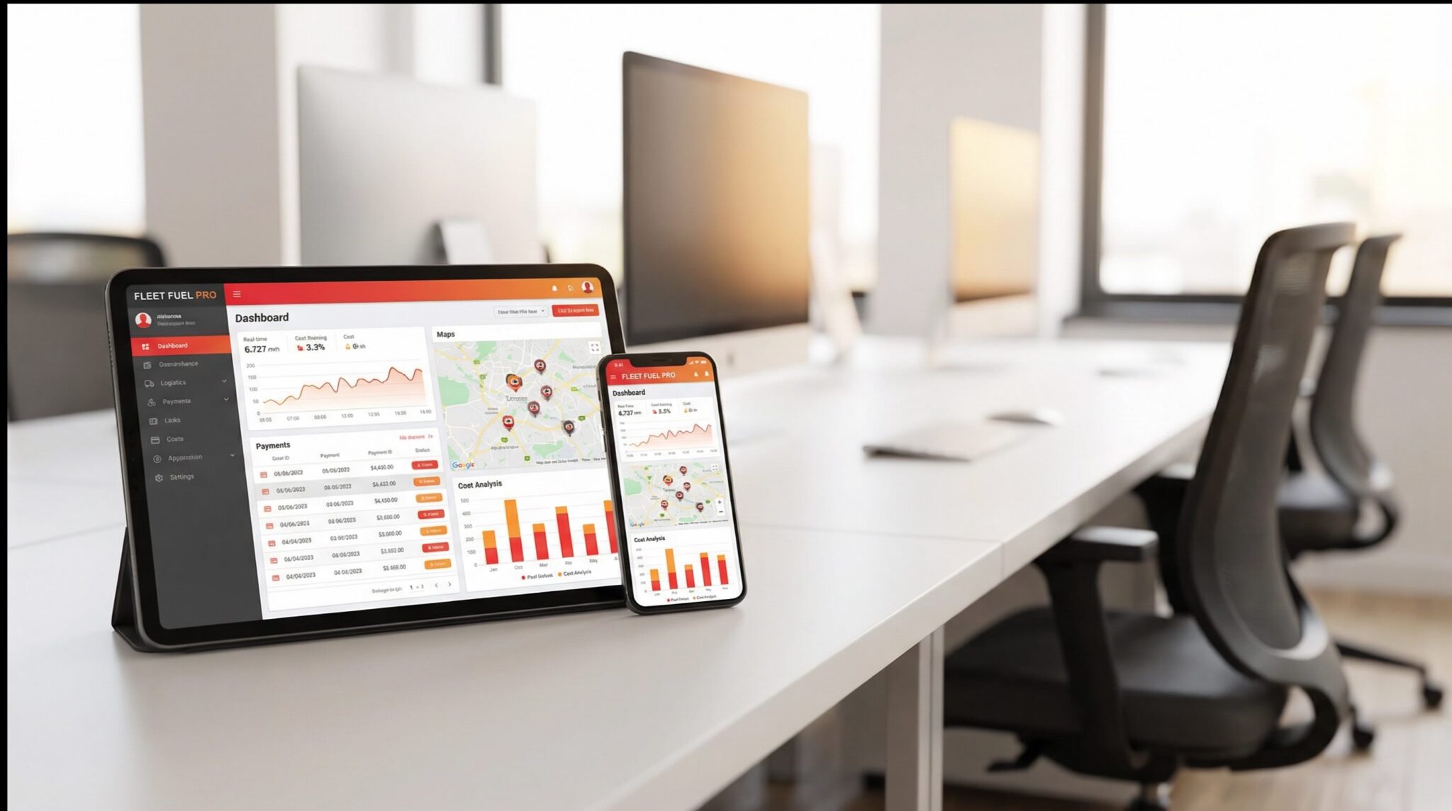 fleet management dashboard with real-time tracking, fuel analytics, and logistics performance monitoring across transportation operations