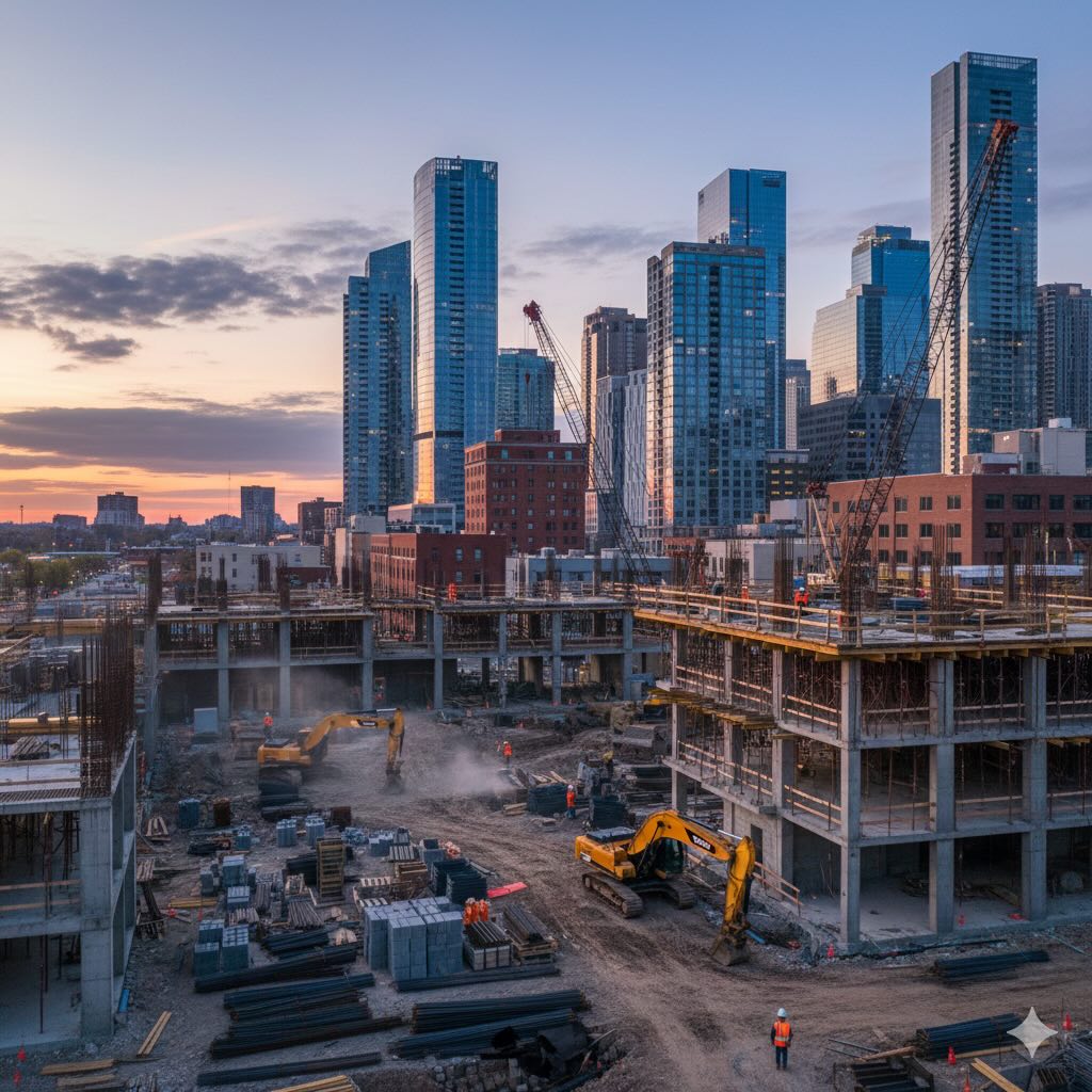 urban construction site with multi-story building project and heavy equipment representing real-world execution of construction projects