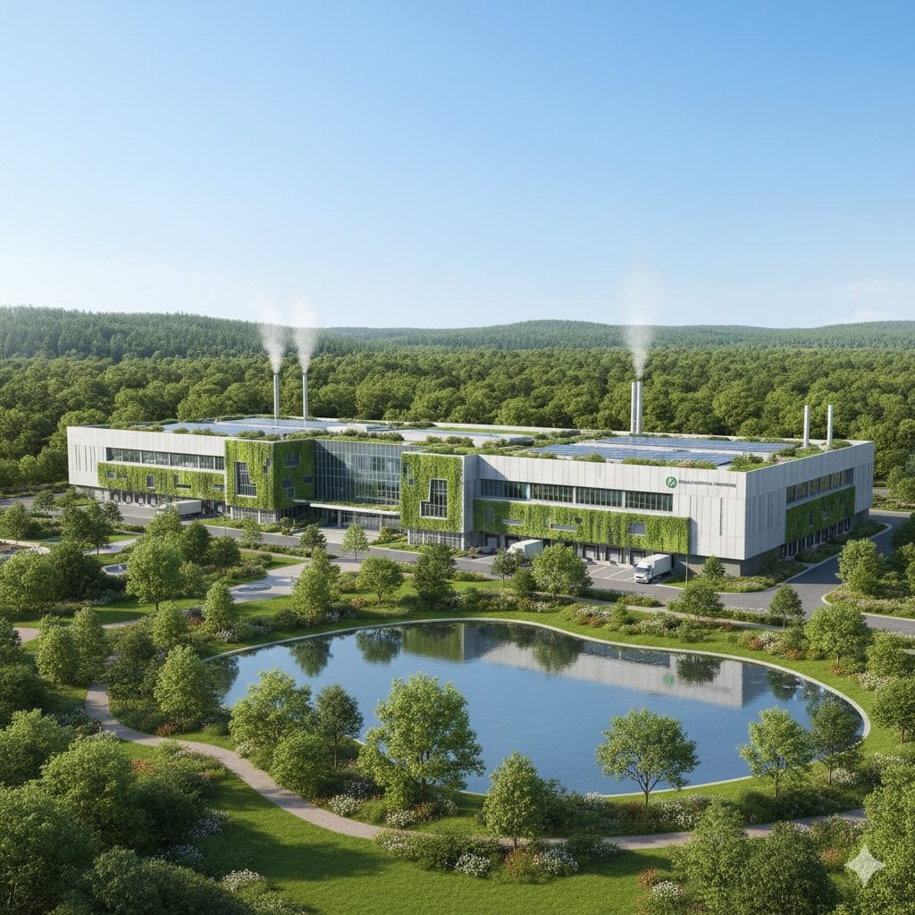 sustainable industrial facility with green architecture and environmentally integrated manufacturing infrastructure