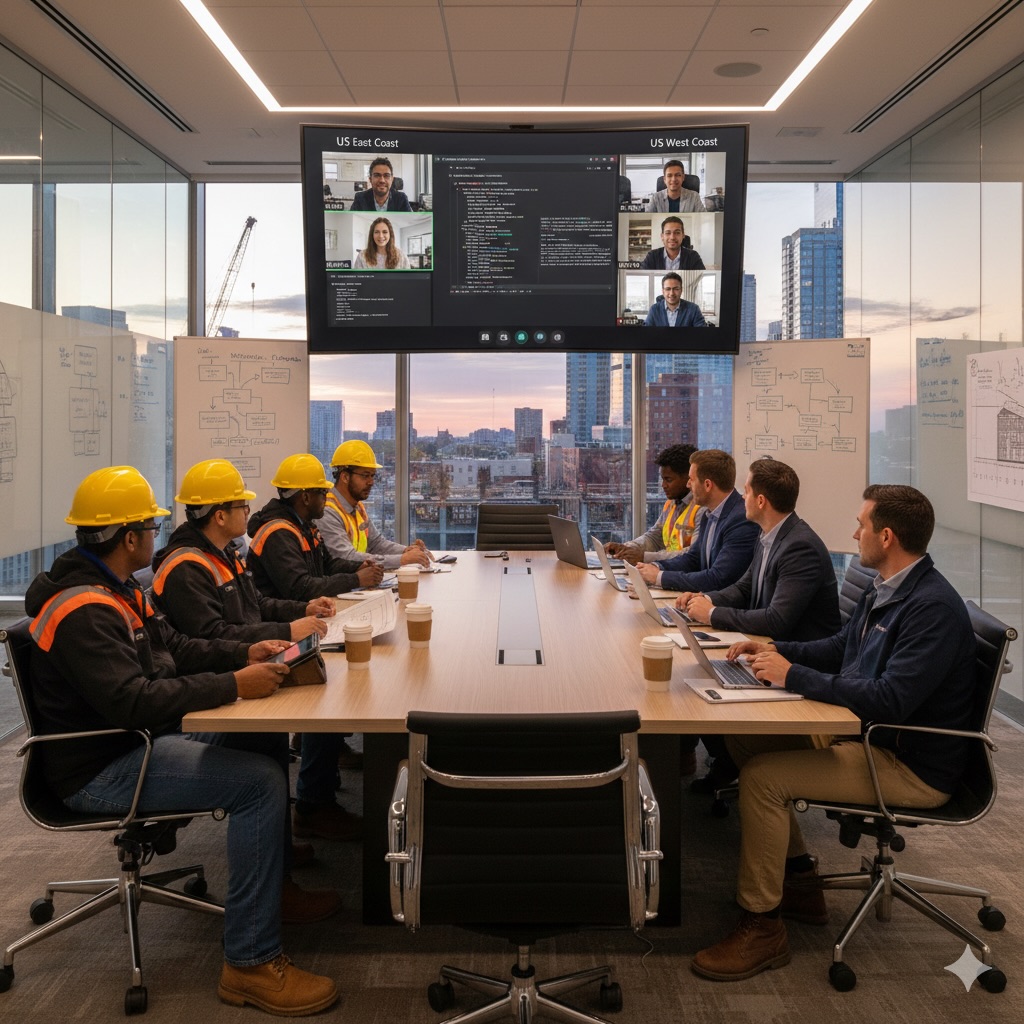 construction team and project managers collaborating in a meeting room using a digital lead management platform and video conferencing across regions