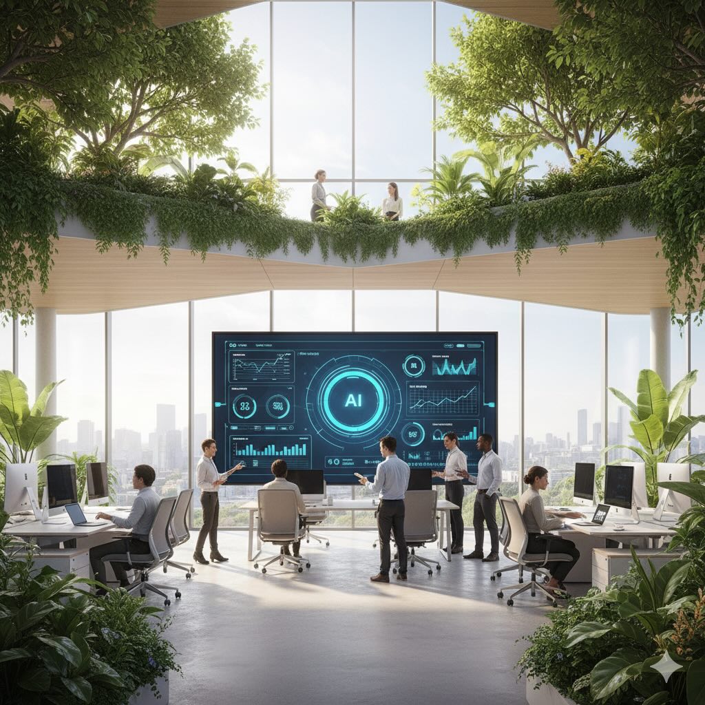 AI-driven enterprise workspace with teams collaborating around real-time data analytics and intelligent systems