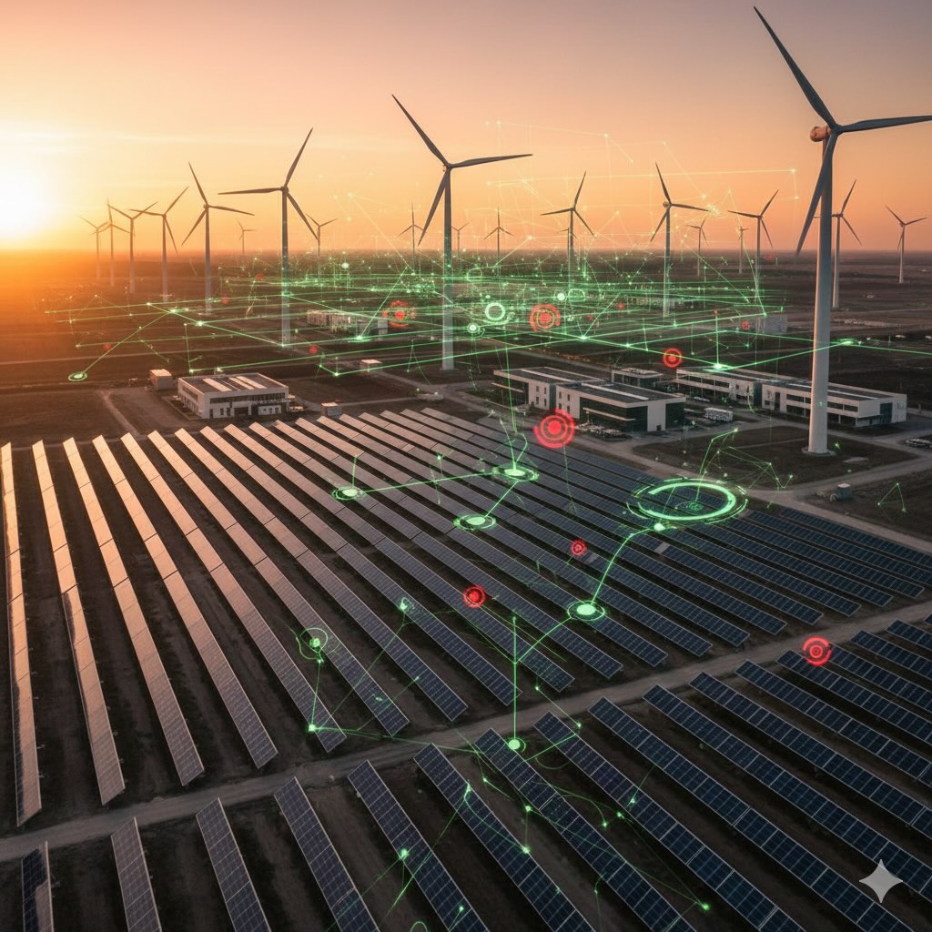 The image shows a large renewable energy landscape at sunset, combining wind and solar infrastructure with advanced digital visualization.
