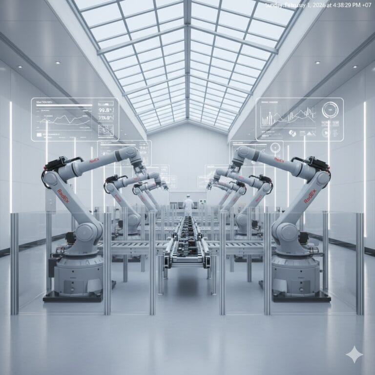 AI in manufacturing with robotic arms on automated production line in a smart factory, showcasing industrial automation and real-time data monitoring