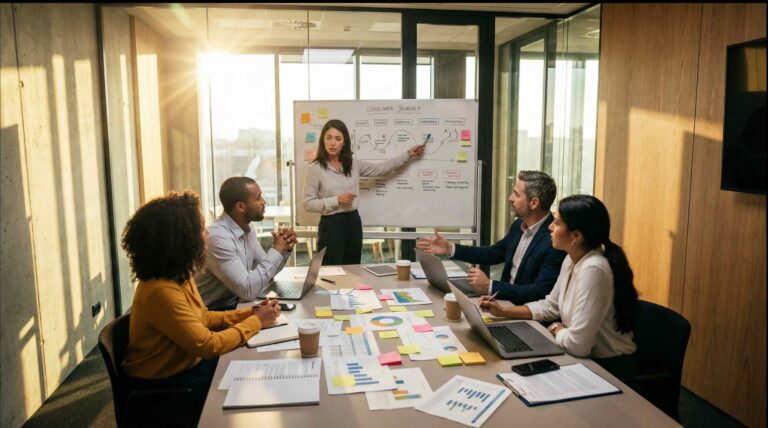 A diverse team of consultants in a sunlit modern office, discussing a consumer journey map on a whiteboard during a collaborative strategy session.