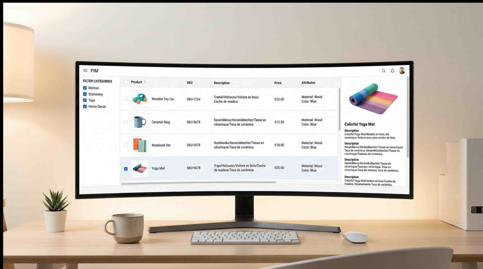 product information management system dashboard showing centralized product catalog with SKU attributes pricing and category management