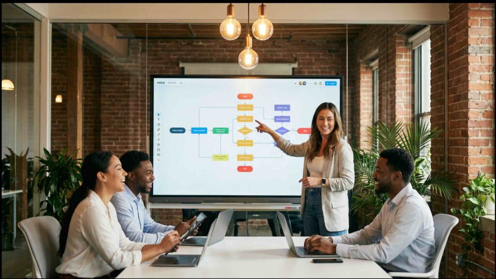 team collaboration designing business workflows and process optimization using digital tools and AI-driven operations