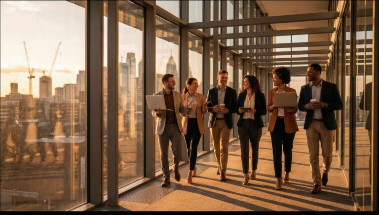 global AI consulting team collaborating on digital transformation and AI strategy execution in a modern enterprise environment