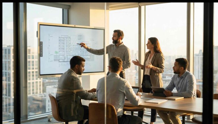 AI strategy workshop with consulting team aligning digital transformation roadmap, system architecture, and implementation planning