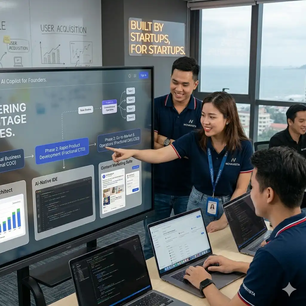 This image is a photo-realistic visualization of a business startup team presenting and working on their product. It captures a collaborative moment in a modern office environment, with a strong focus on the software they are developing.