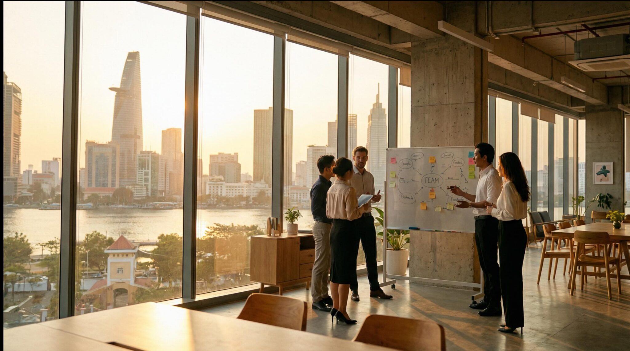 Team workshop discussing strategy on whiteboard in modern office with city skyline view