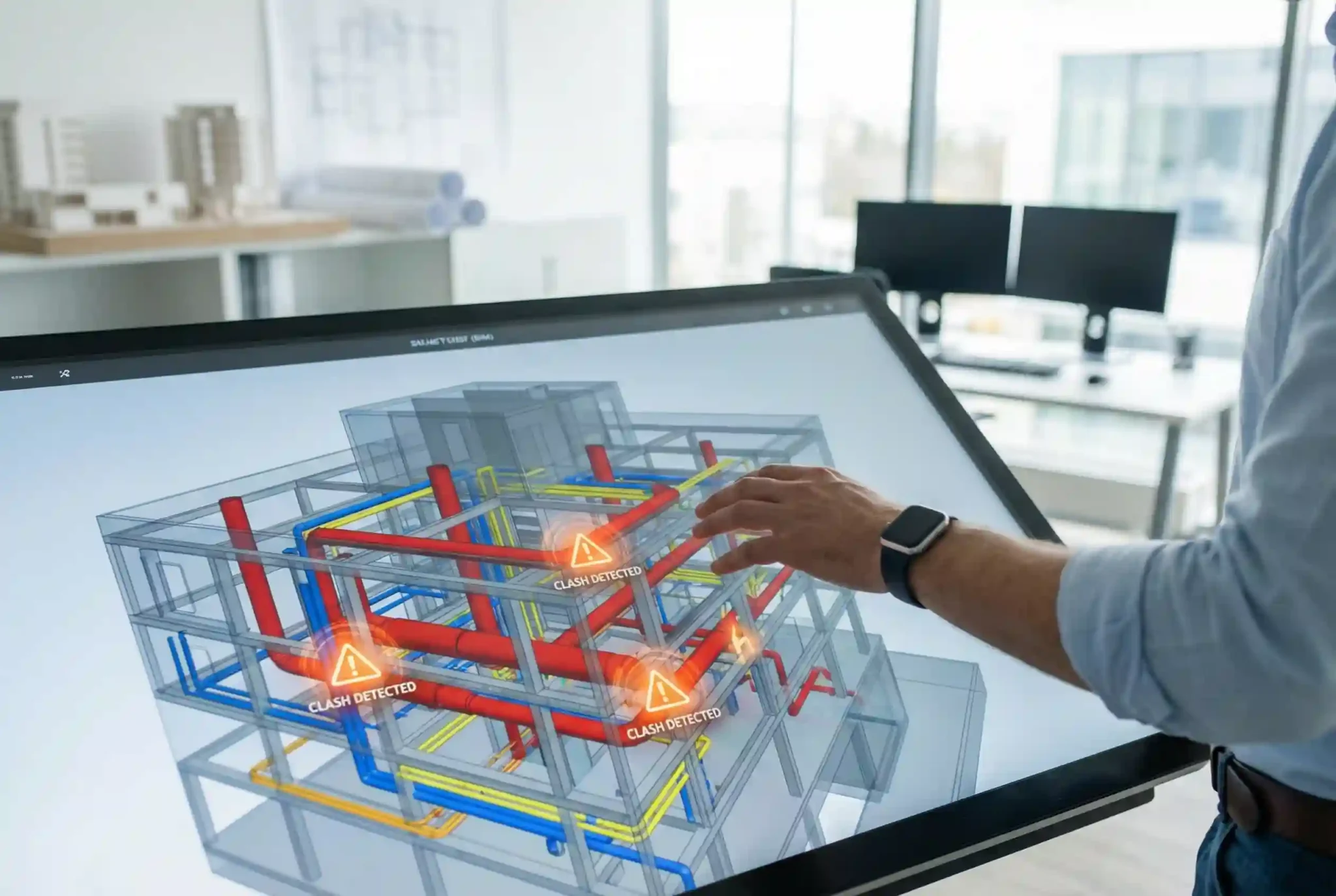 AI BIM clash detection for MEP systems identifying pipe and duct conflicts in 3D building model