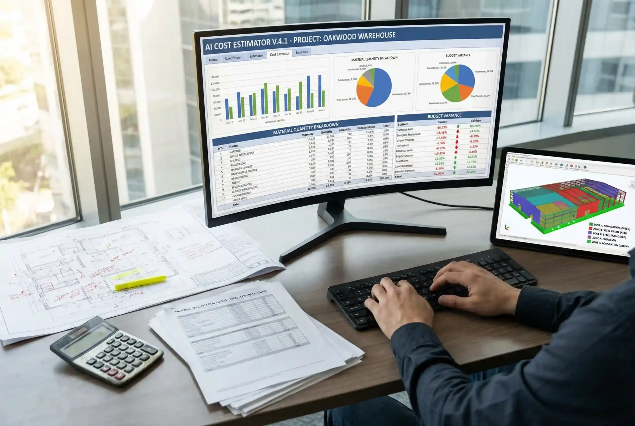 AI BIM cost estimation dashboard extracting quantities from digital models for real-time construction budget analysis