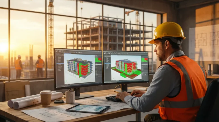 AI BIM construction modeling engineer reviewing 3D building design on dual monitors at construction site office