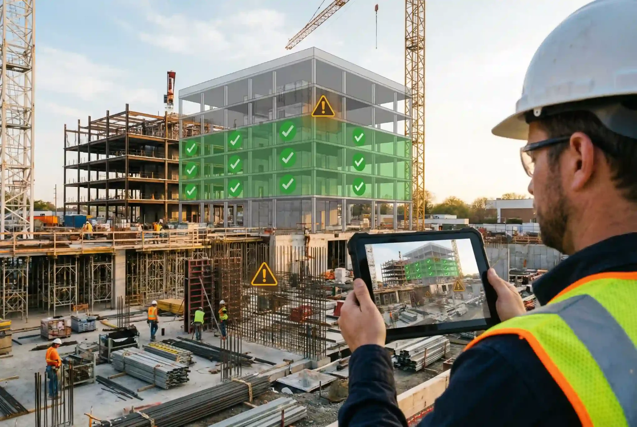 AI BIM construction site monitoring using tablet for real-time progress tracking and model validation