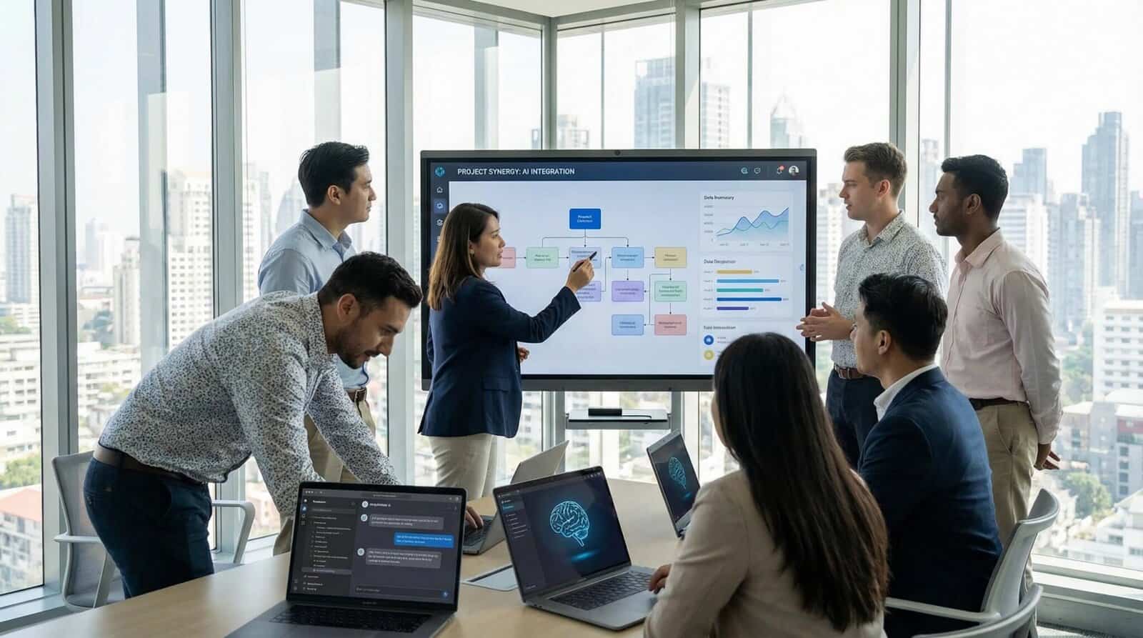 Team collaborating on AI strategy and employee productivity analysis using digital dashboards and workflow diagrams