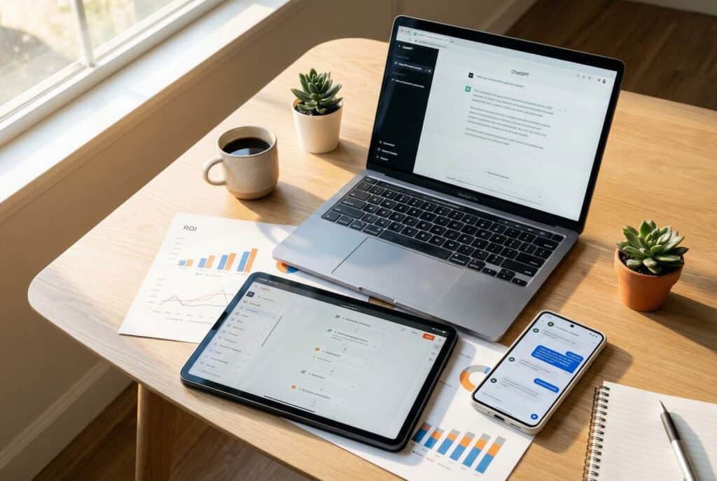AI roadmap for SMB with data analytics dashboard and multi-device workflow for small business planning and AI implementation