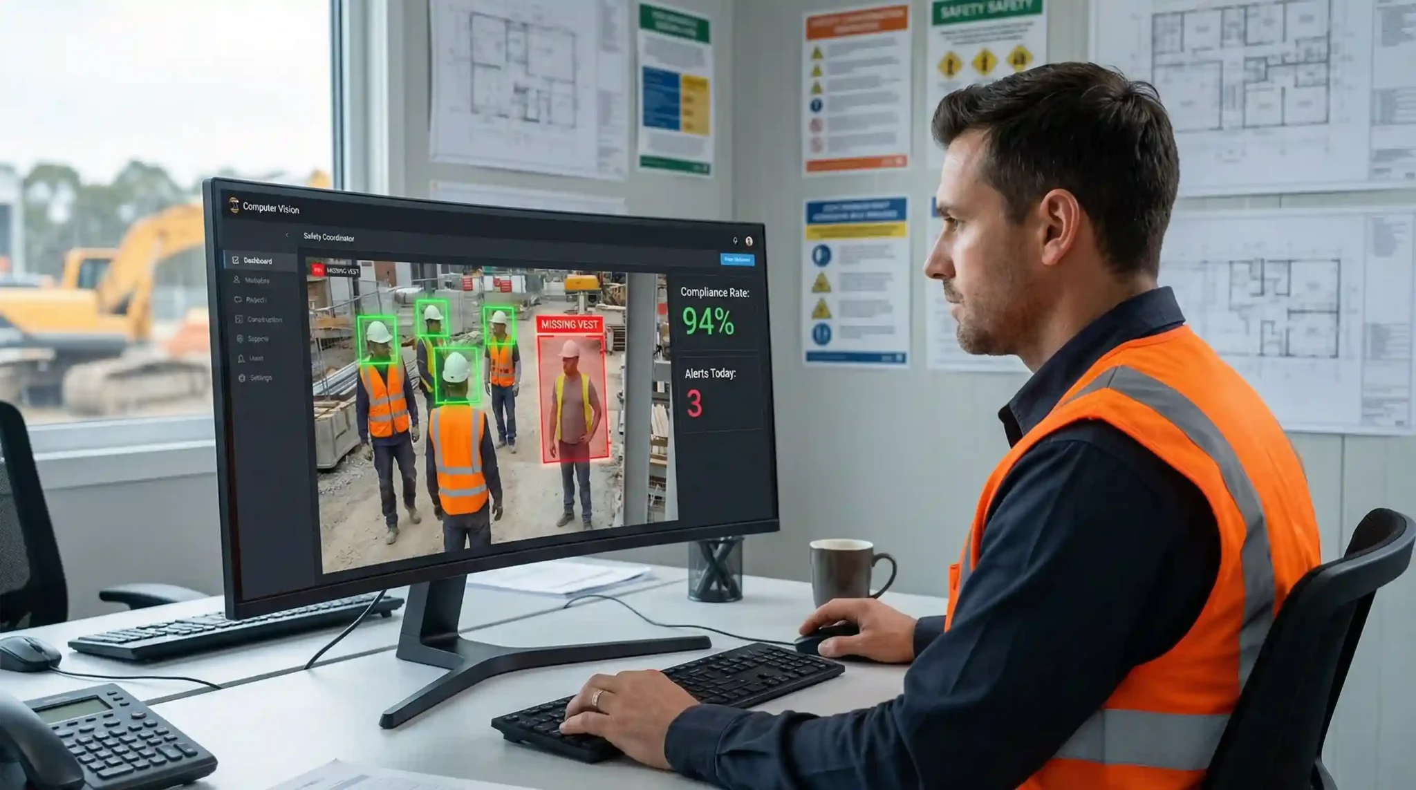AI-powered computer vision monitoring station detecting PPE compliance across a construction site in real time.
