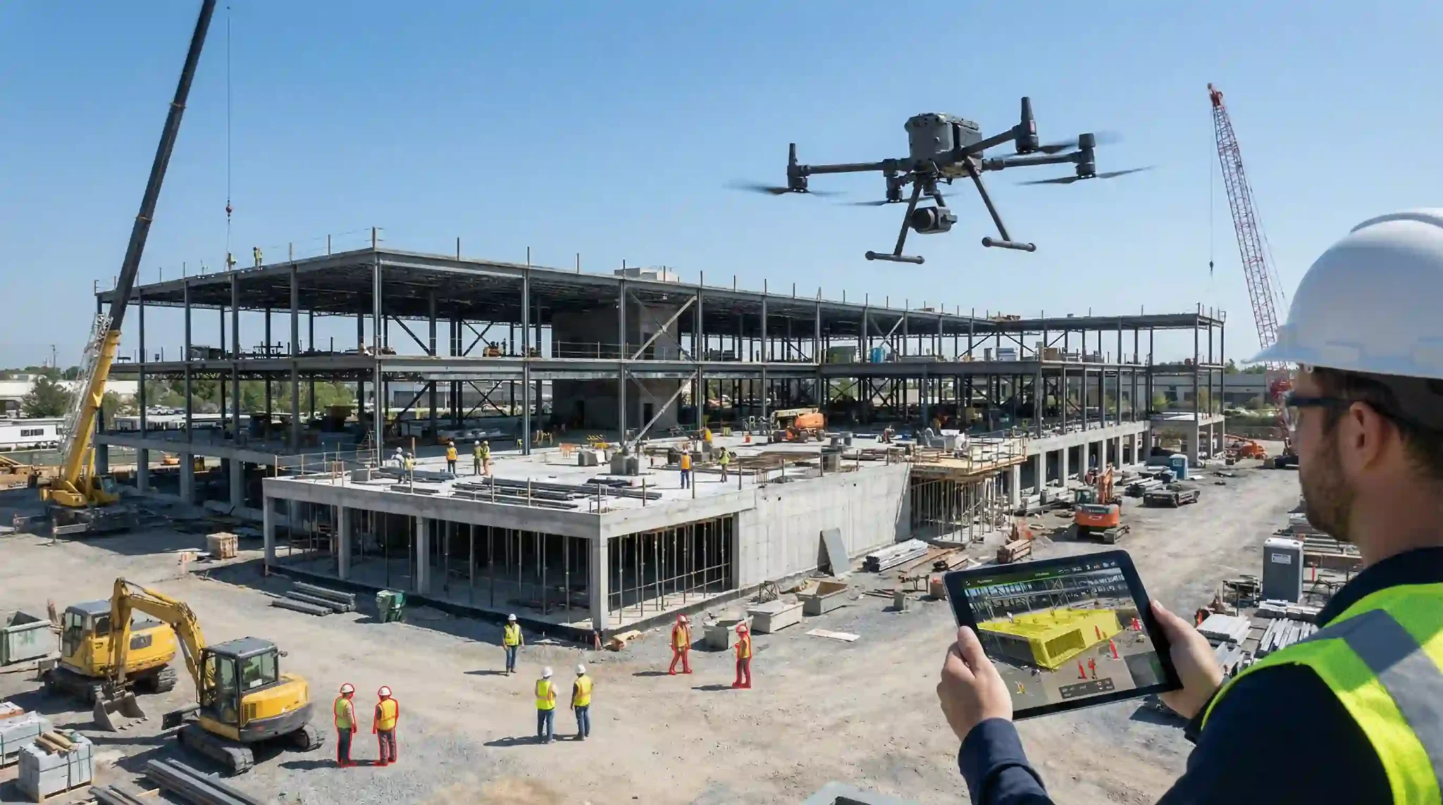 Autonomous drone inspection with AI overlay identifying worker positions, safety zones, and potential hazards across a large commercial construction site.