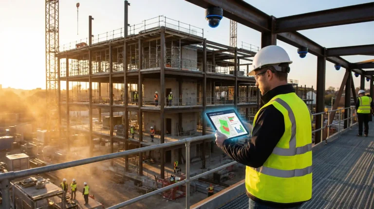 AI construction site monitoring using tablet dashboard to track safety performance and project progress in real time
