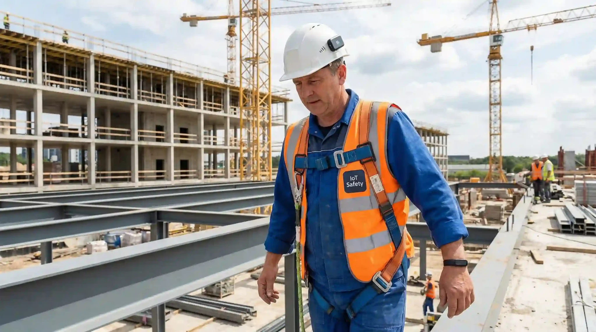 IoT-enabled safety wearables — smart hard hats, proximity badges, and biometric sensors — providing continuous worker protection on active construction sites.