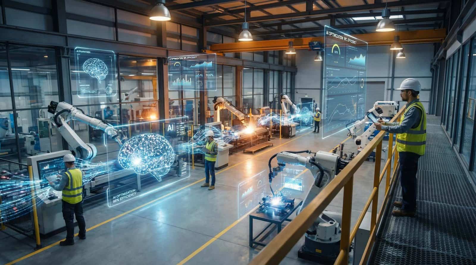 AI-powered smart factory with robotic automation, real-time analytics dashboards, and workers monitoring production processes