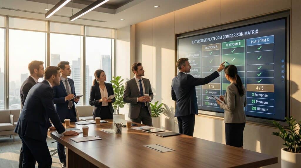 Business team analyzing DXP performance metrics and ROI dashboard to drive measurable business outcomes