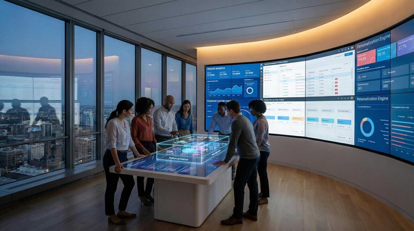 Team analyzing digital experience platform dashboards and customer journey data for DXP strategy and platform selection