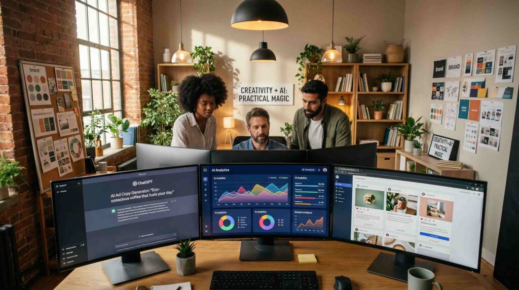 Generative AI in marketing team analyzing dashboards and content strategy with AI tools