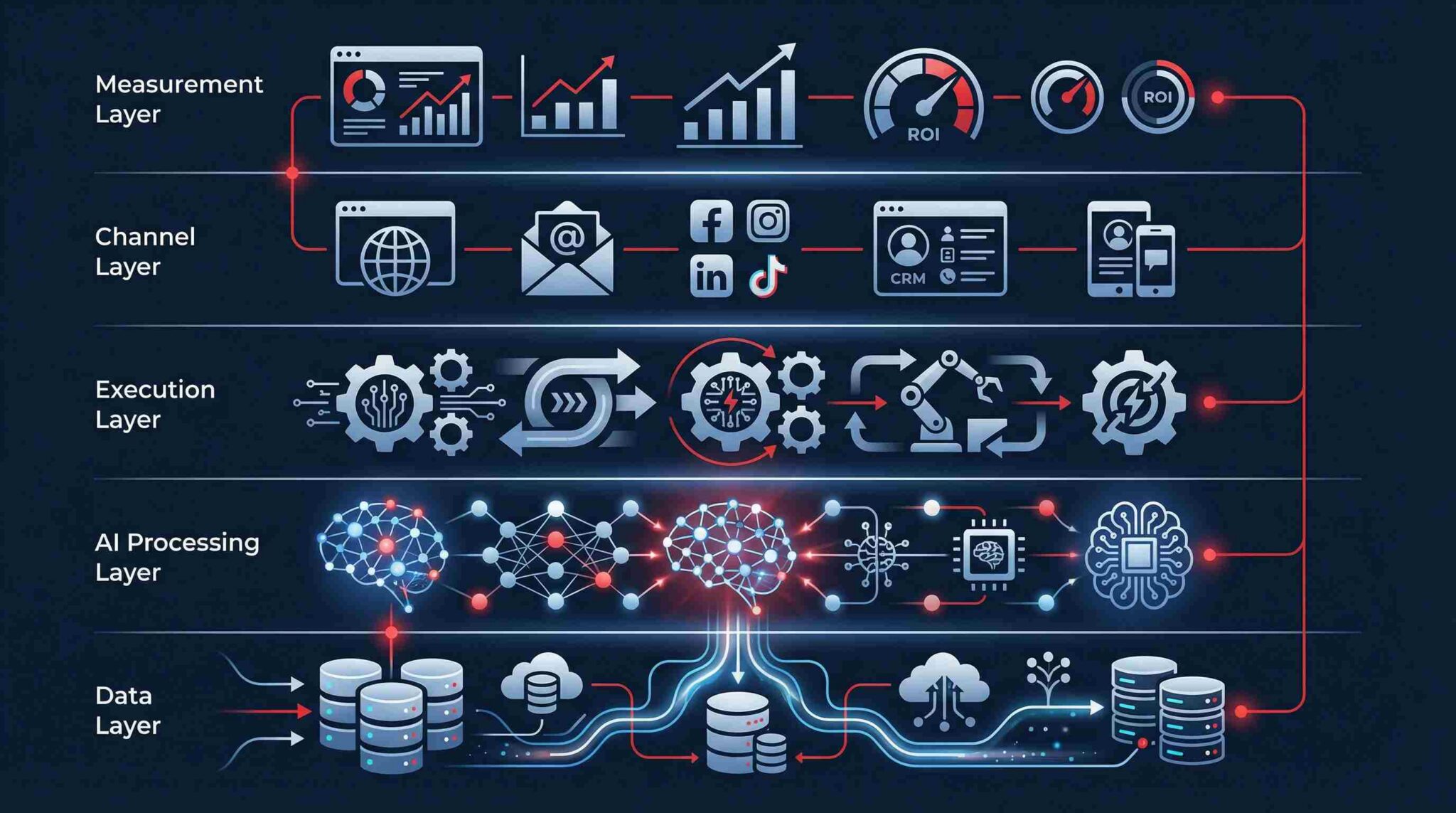 Generative AI in marketing operating model with data, AI processing, execution, channel and measurement layers