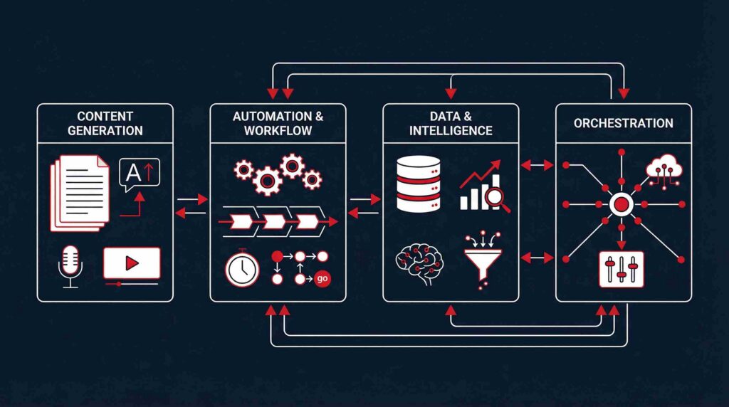AI marketing stack architecture with content generation, automation workflow, data intelligence and orchestration layers