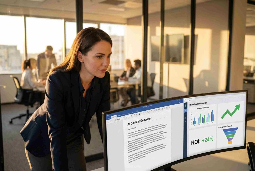 Generative AI marketing tools dashboard with AI content generator and performance analytics